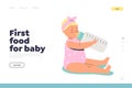 First food for baby concept of landing page with cute newborn kid with bottle of milk