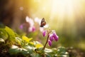 First Forest Spring Flowers and a Flying Butterfly Against the Background of the Morning Spring Forest with copy space. Royalty Free Stock Photo