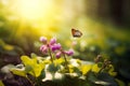 First Forest Spring Flowers and a Flying Butterfly Against the Background of the Morning Spring Forest with copy space. Royalty Free Stock Photo