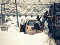 First-generation Hyundai Santro on Snow filled road to Bomdila