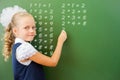 First grade schoolgirl wrote multiplication table on blackboard with chalk Royalty Free Stock Photo