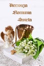 First holy communion composition with christianity symbols and text in polish First holy communion Royalty Free Stock Photo