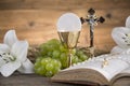 Eucharist symbol of bread and wine, chalice and host, First comm
