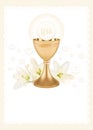 The first Holy Communion, an illustration with a cup, a host and white lily