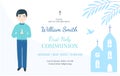 First Holy Communion invitation design template. Christian boy pray . Royalty Free Stock Photo