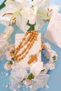 First holy communion-prayer book and rosary Royalty Free Stock Photo