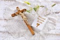 First Holy Communion still life with text in polish translated as First Holy Communion on prayer book Royalty Free Stock Photo