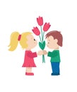 First Innocent Love. Little boy giving flower to little girl. Flat cartoon illustration. Love card