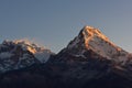 First light of the day hitting Annapurna & Annapurna South as viewed from Poon Hill summit, Nepal