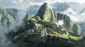First light sweeps over Machu Picchu, highlighting Inca ruins amidst cloud-wreathed mountains at dawn Royalty Free Stock Photo