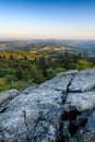 First lights of the day on the rock, Roche d Ajoux, Beaujolais, France Royalty Free Stock Photo