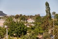 First line of hotel. View from the terrace to the sea on a bright sunny day. Summer vacation concept Royalty Free Stock Photo