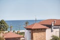 First line. View from the terrace to the sea on a bright sunny day. Summer vacation concept Royalty Free Stock Photo
