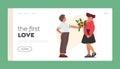 First Love Landing Page Template. Child Boy Giving Flowers to Girl Friend. Little Kid Character Presenting Blossoms Royalty Free Stock Photo