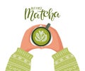 But first Matcha. Two hands with knitted sleeves holding cup of traditional Japanese foam drink. Flat vector