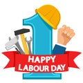 First may labor Day., logo on a white. Construction helmet and a set of tools for the red ribbon.