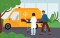 First medical aid. Ambulance with victim on gurney. People in trouble. Doctor accompanies stretcher. Transportation to Royalty Free Stock Photo