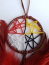 First nations dreamcatcher made by an indigenous person on a white background