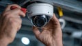 First-Person View of Adjusting Dome CCTV Camera with Tools on Indoor Ceiling Royalty Free Stock Photo