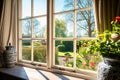 First-person perspective, view of a traditional English country garden through the panes of a living-room window