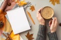 First person top view photo of female hands in sweater holding cup of coffee notepad pen plaid yellow maple leaves anise pine cone Royalty Free Stock Photo