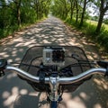 First person view cycling down a sun dappled tree lined country road with an action camera mounted securely Royalty Free Stock Photo