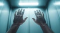 First-person view of a man feeling claustrophobic, touching elevator walls with open hands Royalty Free Stock Photo