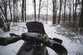 First person view, motorcycle steering wheel. gloves for bad, cold weather. winter, motorcyclist, extreme ride, adventurer,