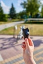 A first person view, a person walking along the road with an ice cream in his hands, shallow depth of field, vertical.