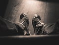 First-person view on retro sneakers - black and white Royalty Free Stock Photo