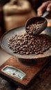 First-Person View of Scooping Coffee Beans into Rustic Scale for Accurate Measurement Royalty Free Stock Photo