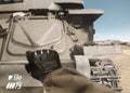 First person view soldier arm climbing action.