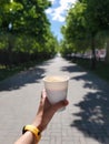 A first-person view of a walk with a cup of coffee in a spring park on a sunny day Royalty Free Stock Photo