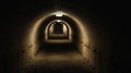 First person view walking through the military tunnel in the dungeon. Defensive structure, casemates. Bomb shelter during the war