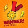 First place award gold medal with red ribbon on yellow background, icon with lightning Royalty Free Stock Photo