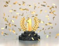 First place, gold winners trophy with laurel wreath and falling confetti Royalty Free Stock Photo