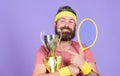 First place. Sport achievement. Tennis champion. Win tennis game. Celebrate victory. Athletic man hold tennis racket and Royalty Free Stock Photo