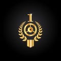 First place symbol, award winner icon. Golden design number one with wheel, laurel wreath and shield. Royalty Free Stock Photo