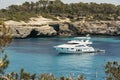 First plane of a yatch in Cala Mondrago view from the sea, Mondrago Natural Park, Majorca Royalty Free Stock Photo