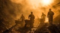 The first rays of dawn peek through the dustfilled air of the mine casting a hazy light on a group of miners hauling