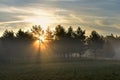 The first rays of the rising sun in misty morning Royalty Free Stock Photo