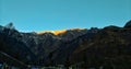 First rays of sunshine over mountains at Lachung Sikkim . Royalty Free Stock Photo