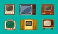 First retro televisions set. Vintage tube brown gadgets with small screen old compact equipment with analogue signal