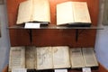 Old rare historic books display Romanian Museum Brasov Romania