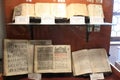Old rare historic books display Romanian Museum Brasov