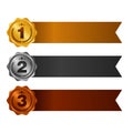 First place. Second place. Third place. Award Medals Set isolated on white with ribbons and stars. Vector illustration.