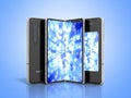 First serial flexible phone 3d render on blue background