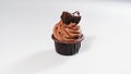 first. series of six photos.eating Chocolate cupcake with cream.white background Royalty Free Stock Photo