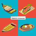 First set of four Japanese dishes, flat isomeric illustration, sushi and rolls