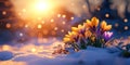 First Signs of Spring. Crocus Flowers Blooming Through Snow in Golden Light of Sunset Royalty Free Stock Photo